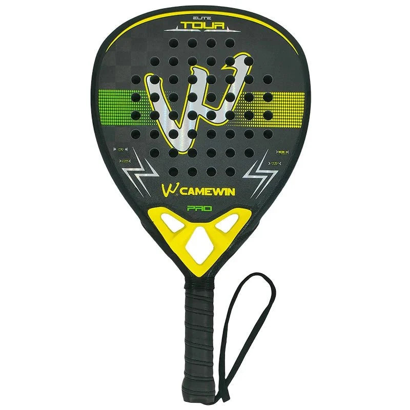 Carbon fiber padel racket with non-slip grip handle, black yellow design, wrist strap on Tampa Home & Garden Store