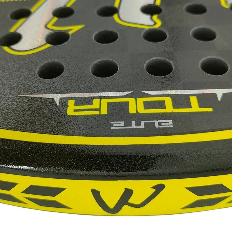 Carbon fiber padel racket face in black with bright yellow accents and perforated holes on Tampa Home & Garden Store