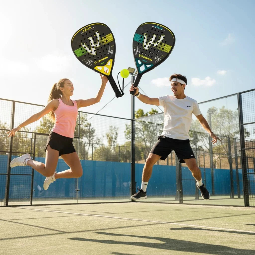 EstaliosFit Carbon Fiber Padel Racket EVA Memory Foam Core, black with lime and teal accents on Tampa Home & Garden Store