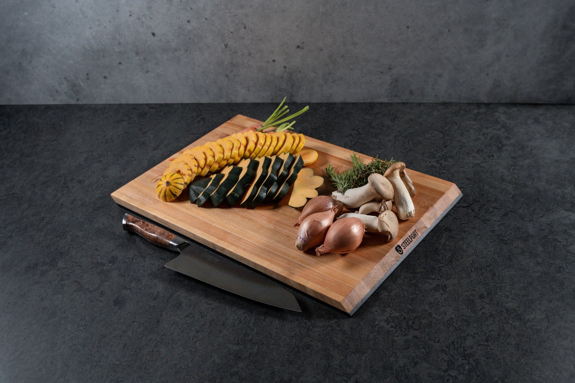 Everyday Knife & Board Set on STEELPORT Knife Co. wooden cutting board with sliced squash and mushrooms on Tampa Home & Garden Store