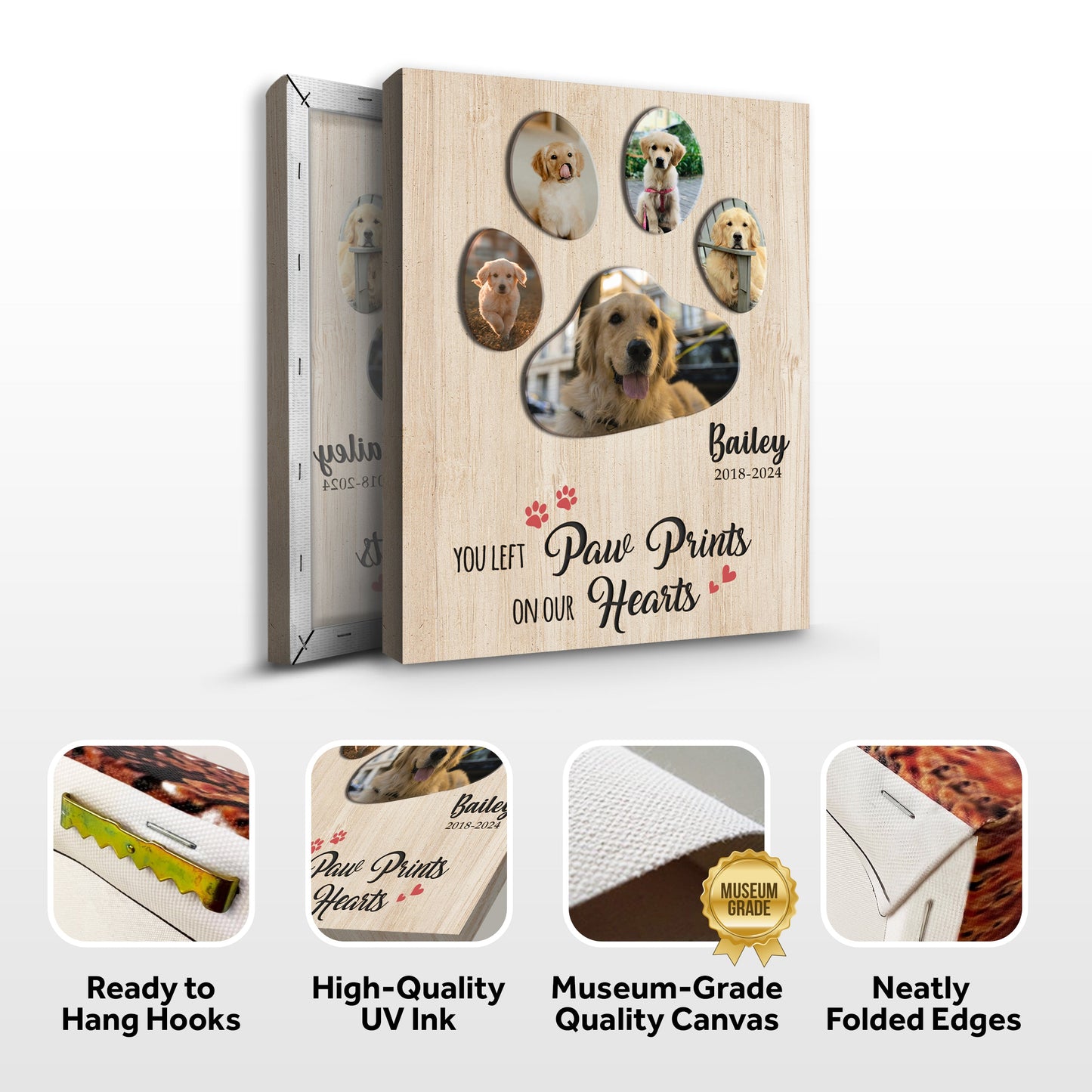 Pet memorial canvas You Left Paw Prints On Hearts II by Tailored Canvases with oval photo collage on Tampa Home & Garden Store