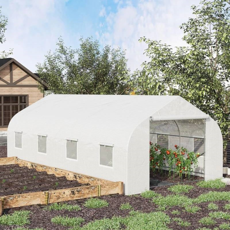 19.5 Ft x 9.8 Ft Outdoor Greenhouse w/ White PE Cover and Heavy Duty Steel Frame - Tampa Home & Garden Store