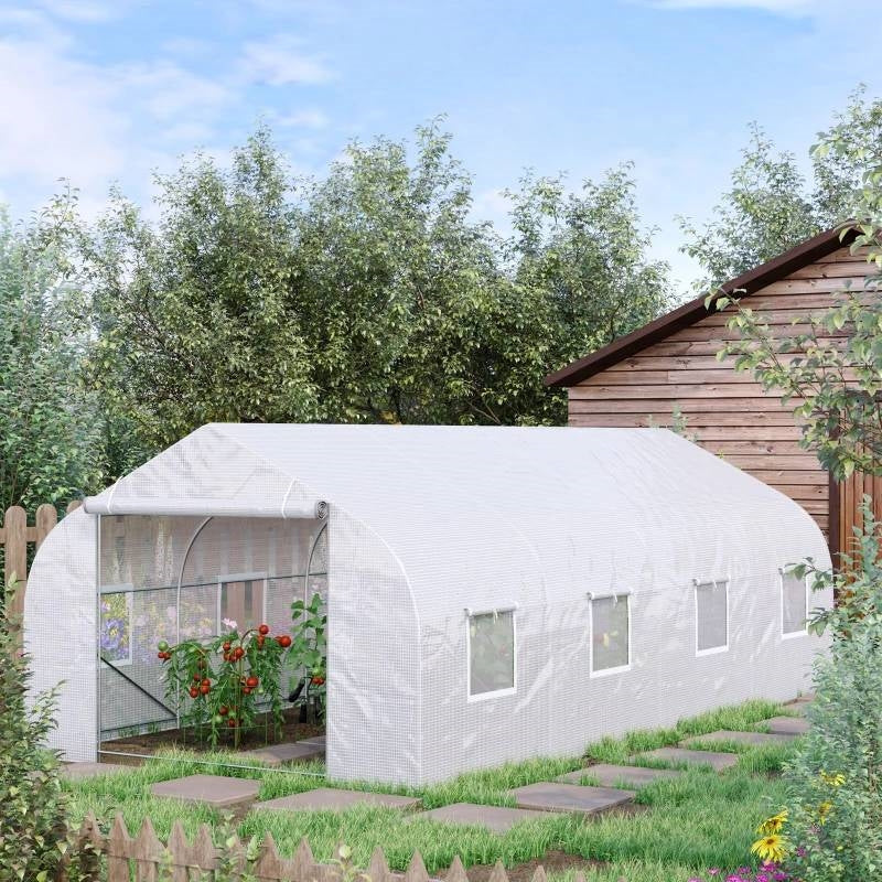 19.5 Ft x 9.8 Ft Outdoor Greenhouse w/ White PE Cover and Heavy Duty Steel Frame - Tampa Home & Garden Store