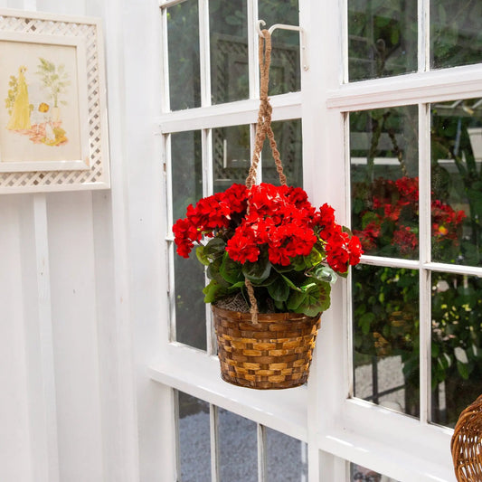 19-Inch Artificial Geranium Hanging Basket with red blooms in wicker rope hanger Nearly Natural on Tampa Home & Garden Store
