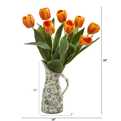 19” Tulip Artificial Arrangement in Floral Pitcher - Tampa Home & Garden Store