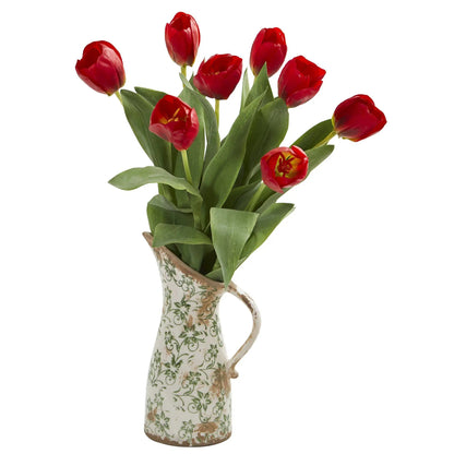 19” Tulip Artificial Arrangement in Floral Pitcher - Tampa Home & Garden Store