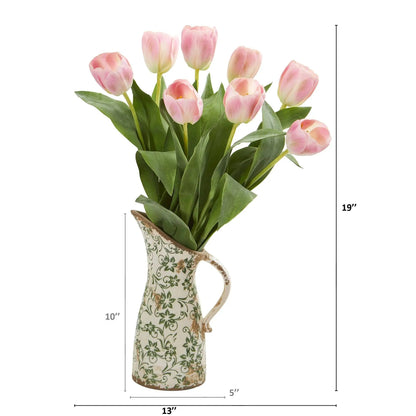 19” Tulip Artificial Arrangement in Floral Pitcher - Tampa Home & Garden Store