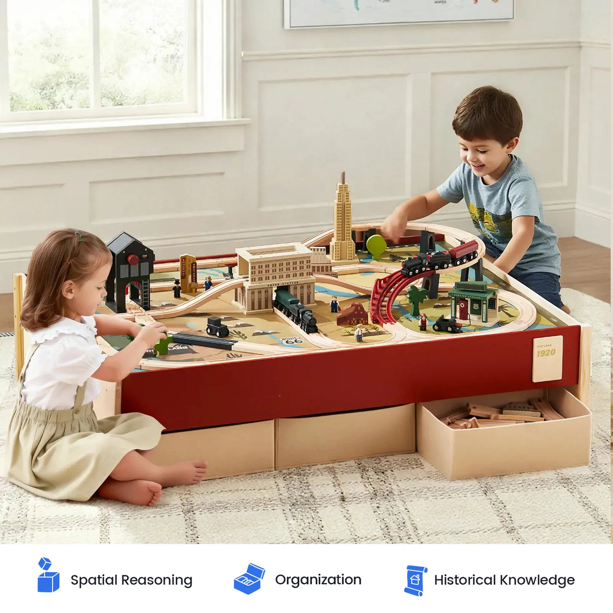 Tiny Land 1920 Railway Adventure Train Table wooden train set with city buildings on Tampa Home & Garden Store