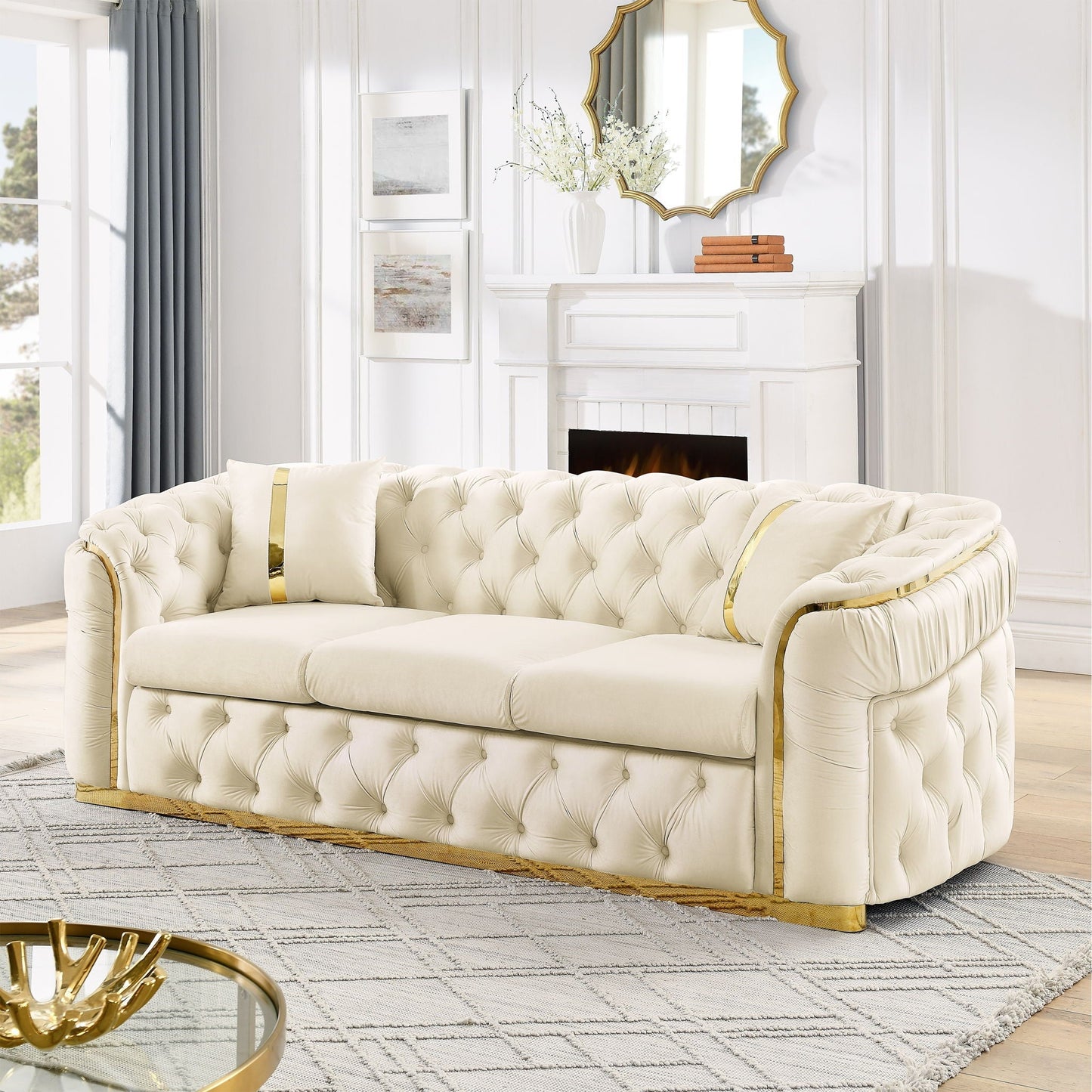 HouseOfZazla cream button tufted 3-seat Chesterfield sofa with 2 pillows, gold legs on Tampa Home & Garden Store