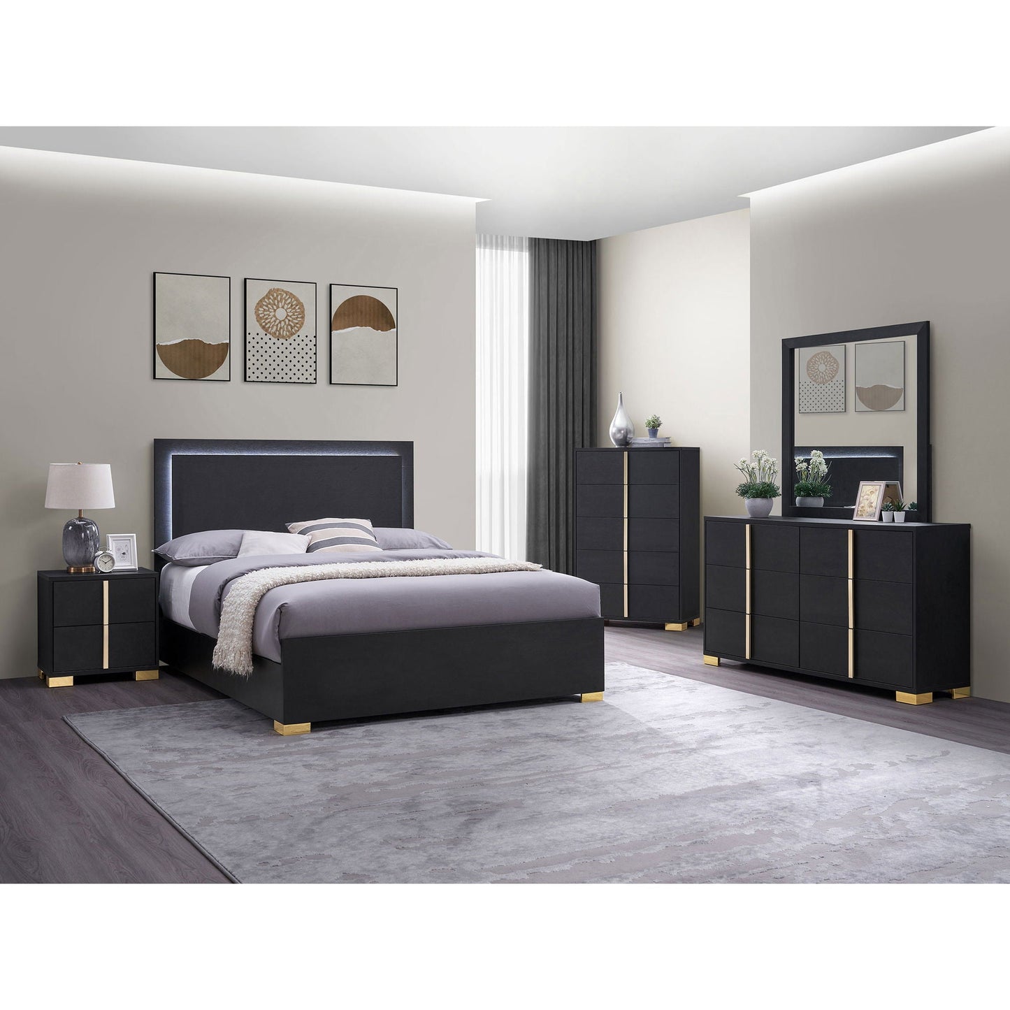 Medici Eastern King LED Headboard Bed black panel bed with gold feet by HouseOfZazla on Tampa Home & Garden Store