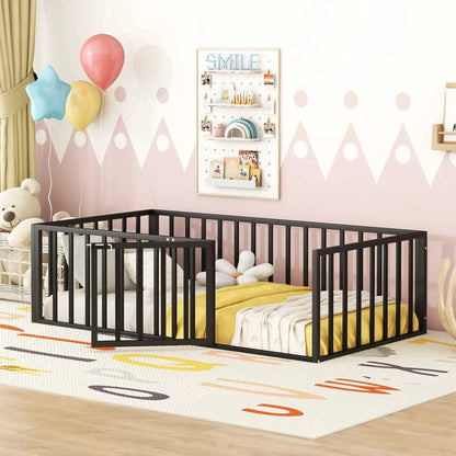 Metal floor bed frame with fence and door, two black metal panel beds by Unique Piece Furniture on Tampa Home & Garden Store
