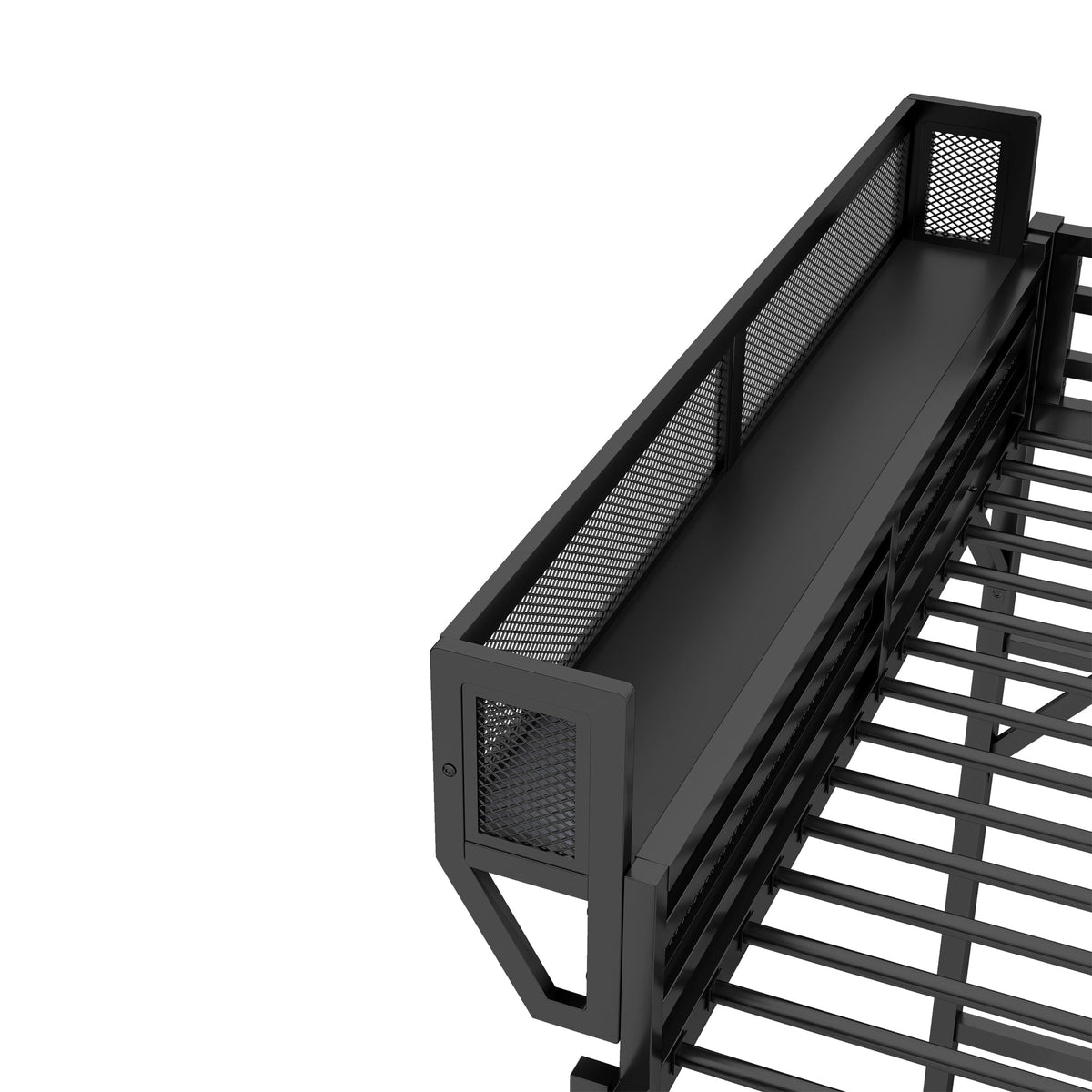 Full size loft bed frame in black metal with built-in ladder and storage shelves on Tampa Home & Garden Store