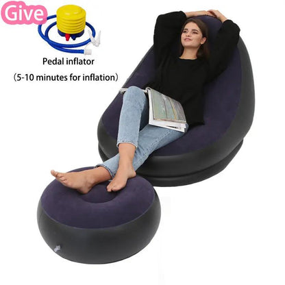 Lazy Bean Bag with Inflatable Folding Sofa, purple and black lounge with round footrest on Tampa Home & Garden Store