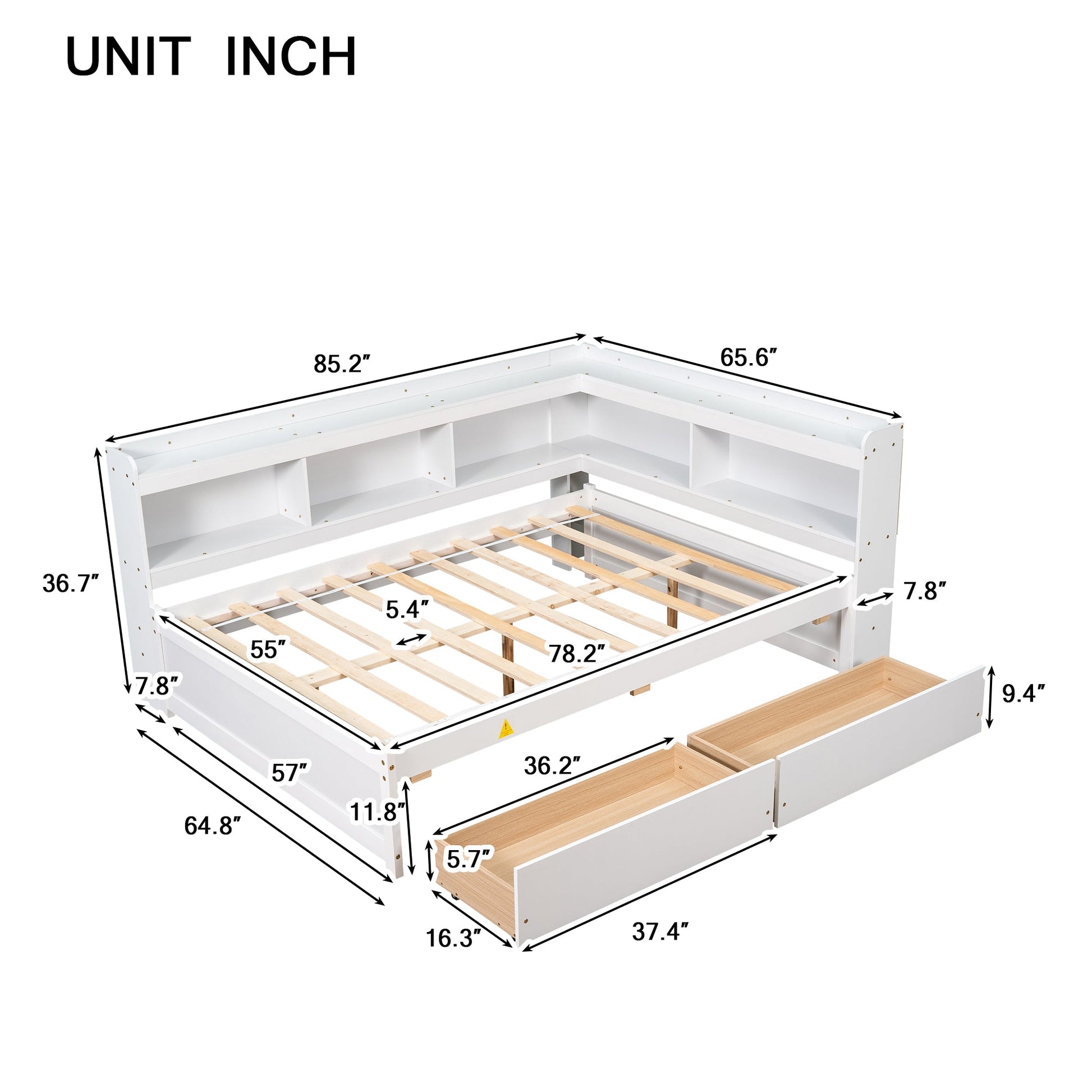 Full Bed with L-shaped Bookcases, Drawers ,White - Tampa Home & Garden Store