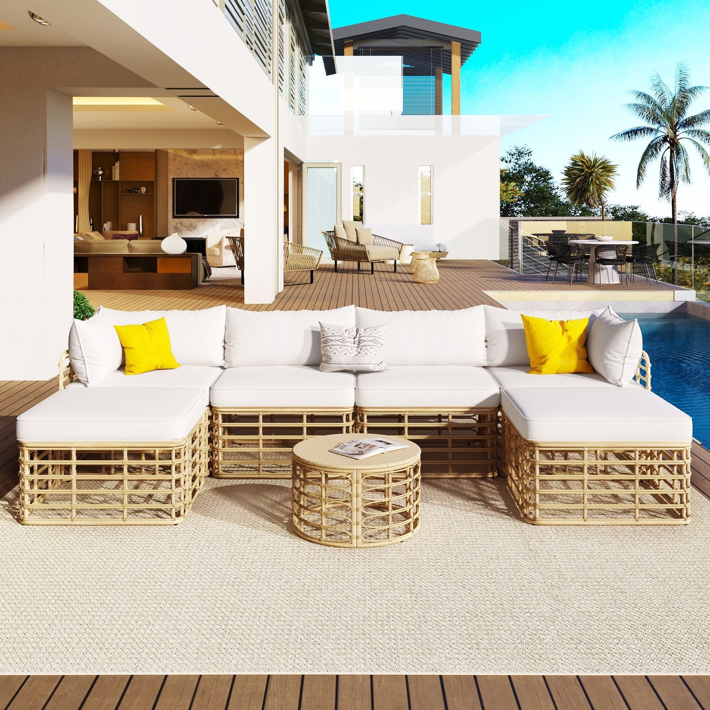 All-Weather 7-Piece Rattan Sectional Sofa Set; tan wicker, white cushions, HouseOfZazla on Tampa Home & Garden Store