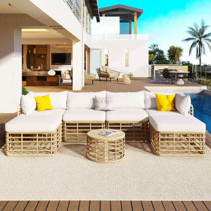 All-Weather 7-Piece Rattan Sectional Sofa Set; tan wicker, white cushions, HouseOfZazla on Tampa Home & Garden Store