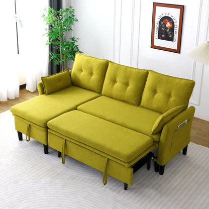 L-Shaped reversible chaise sectional sofa with storage in lime-green upholstery in bright living room on Tampa Home & Garden Store