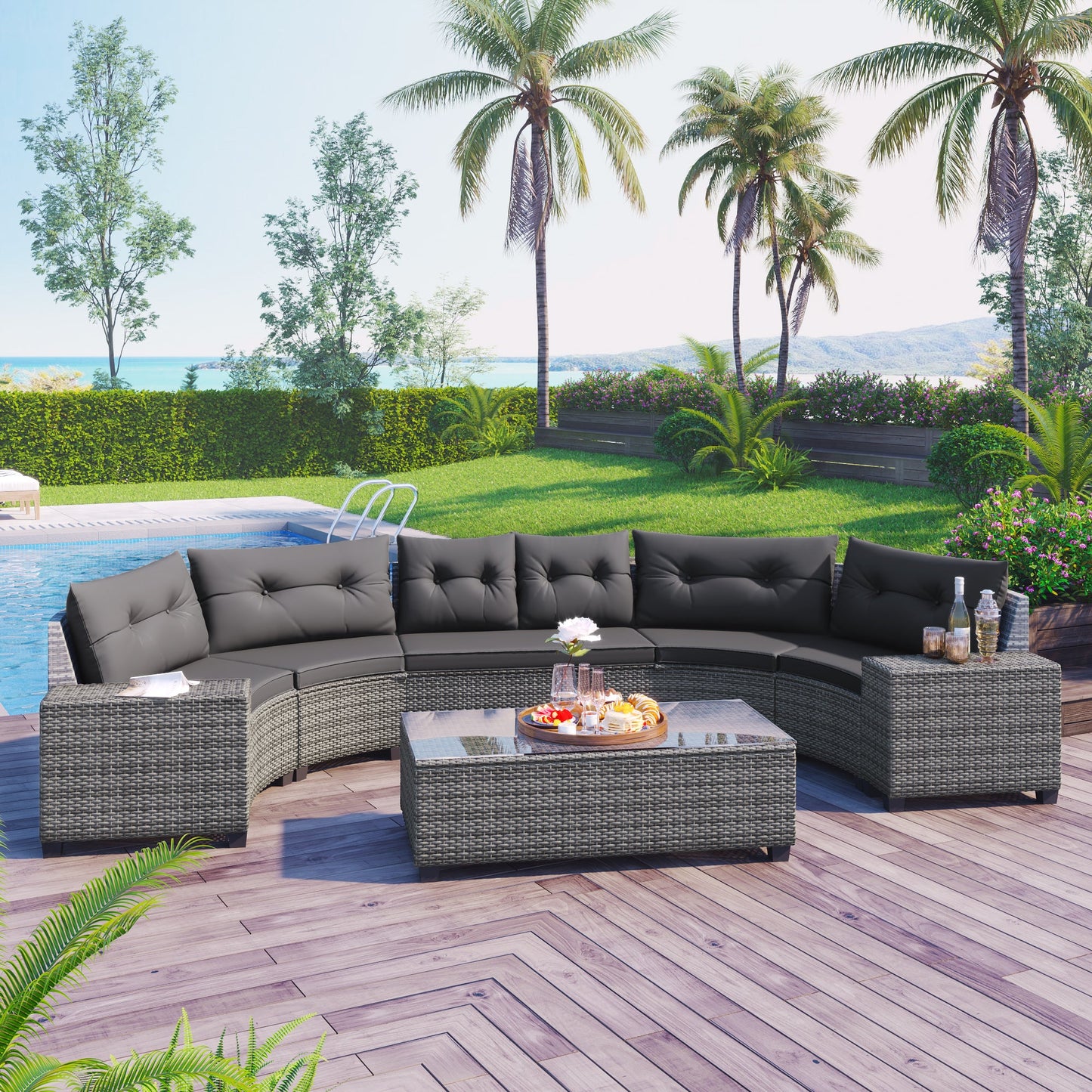 8 Pieces Round Outdoor Wicker Sofa and Table