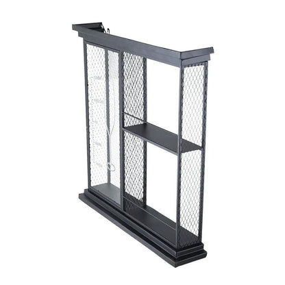 Floating wine bar shelf in black metal with mesh panels and glass holders, display shelves on Tampa Home & Garden Store