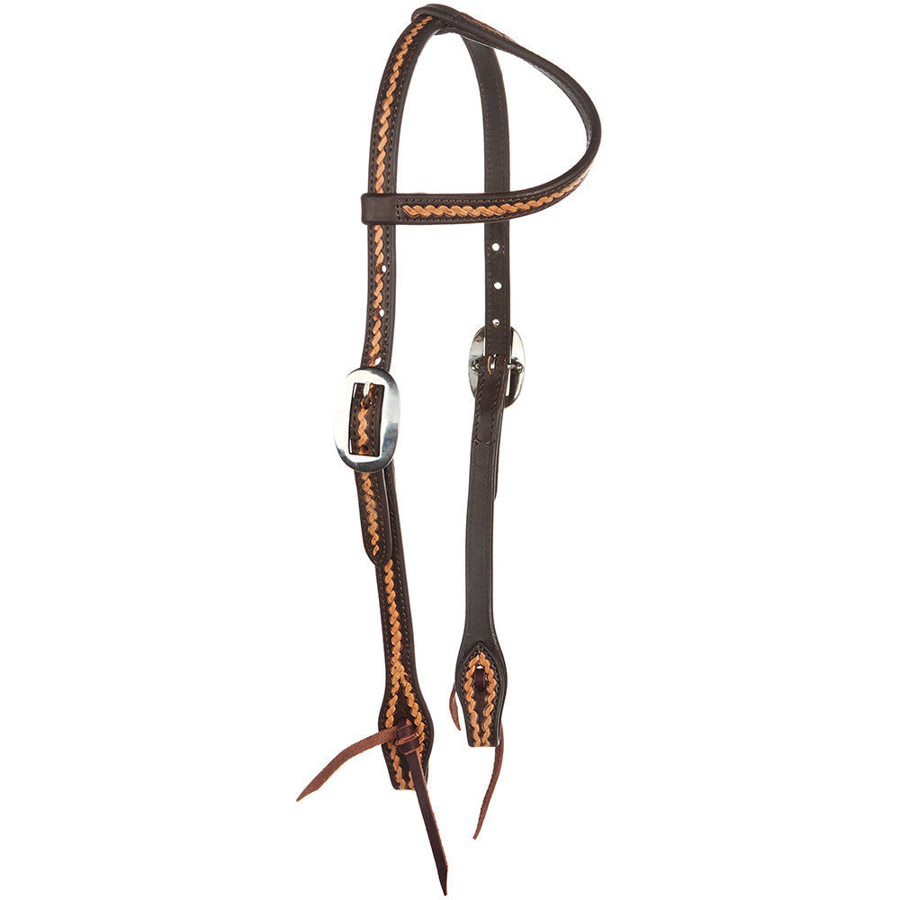 Mayatex single-ear headstall 5/8in oil rope tooled brown leather with tan stitching buckles on Tampa Home & Garden Store