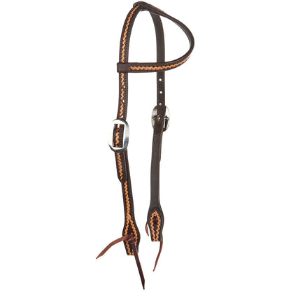 Mayatex single-ear headstall 5/8in oil rope tooled brown leather with tan stitching buckles on Tampa Home & Garden Store