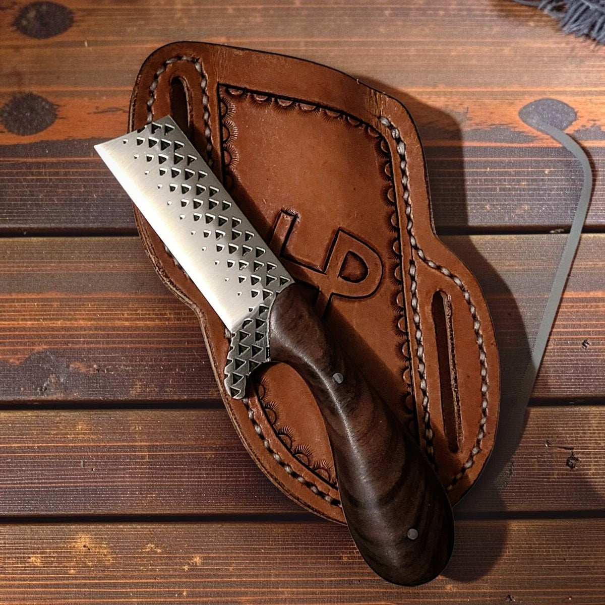 Knife Rustler Frontier Cowboy Gear rasp bull cutter burl rosewood handle leather sheath on Tampa Home & Garden Store