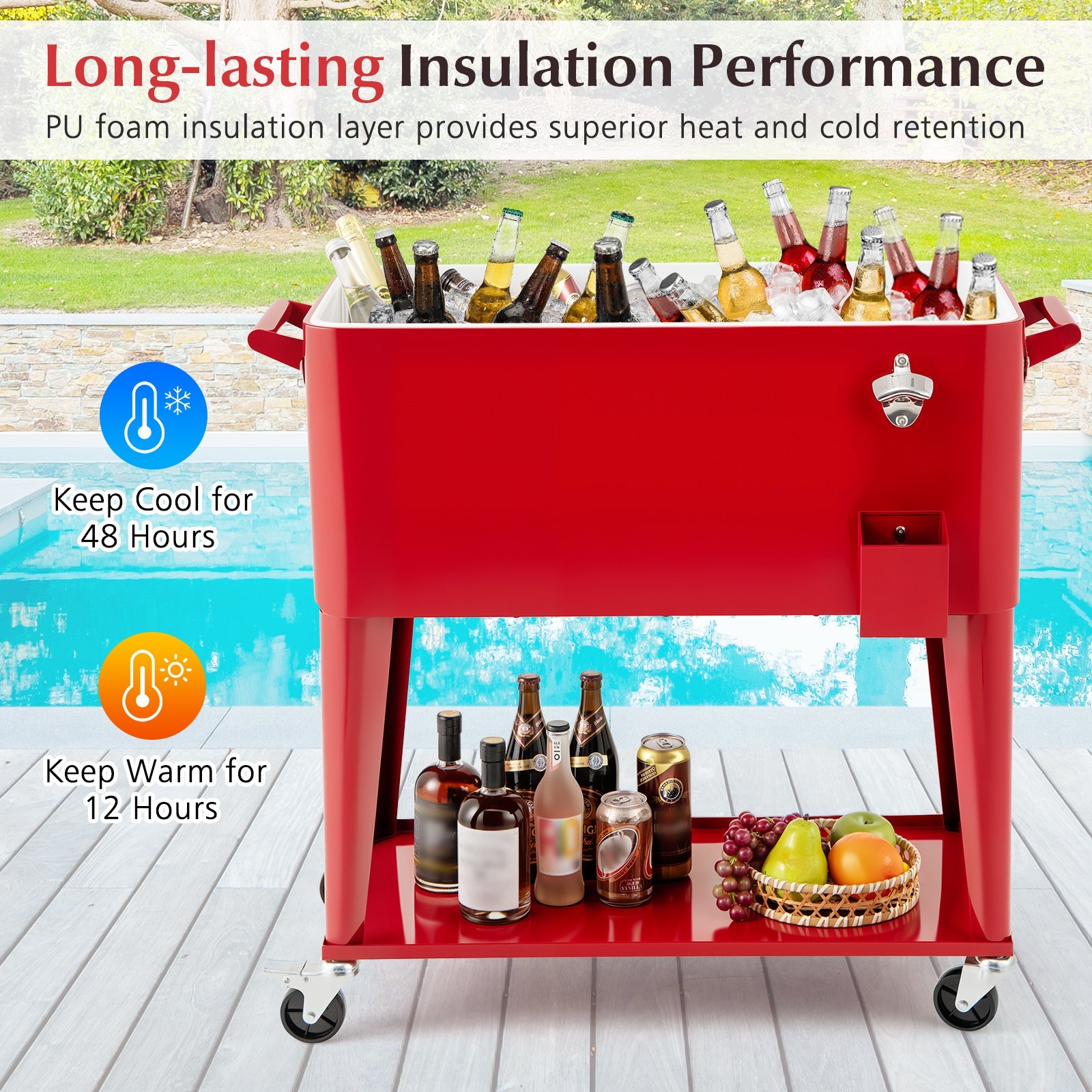 GemGear portable red patio cooler with bottom storage shelf and bottle opener on wheels on Tampa Home & Garden Store