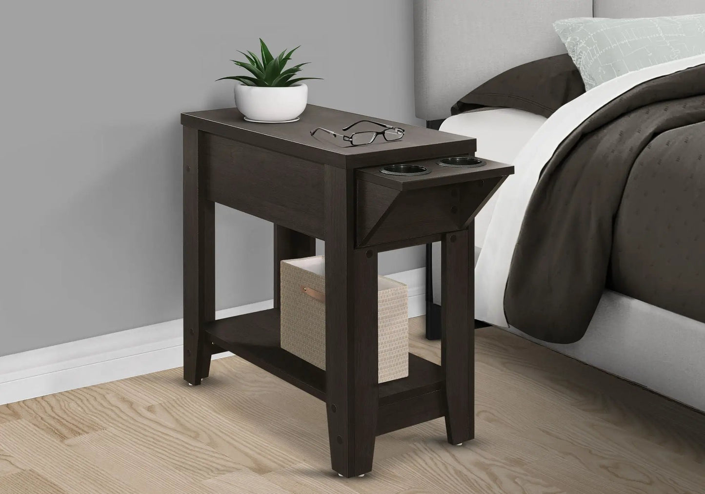 Accent Side Table with storage, dark wood finish, cup holders on top, fabric basket below on Tampa Home & Garden Store