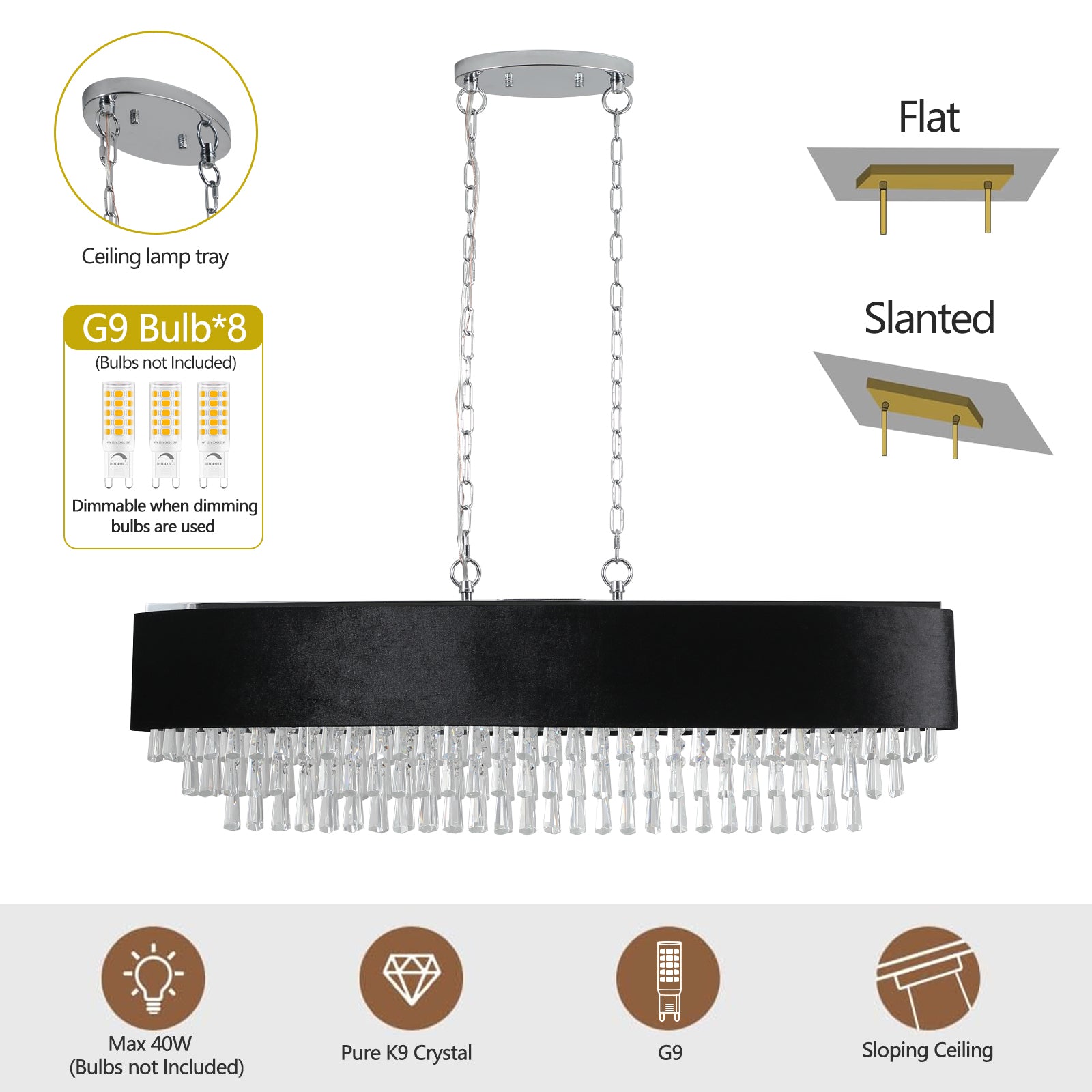 Chandelier 39' Modern Crystal with Black Velvet Shade, two hanging chains and crystals on Tampa Home & Garden Store