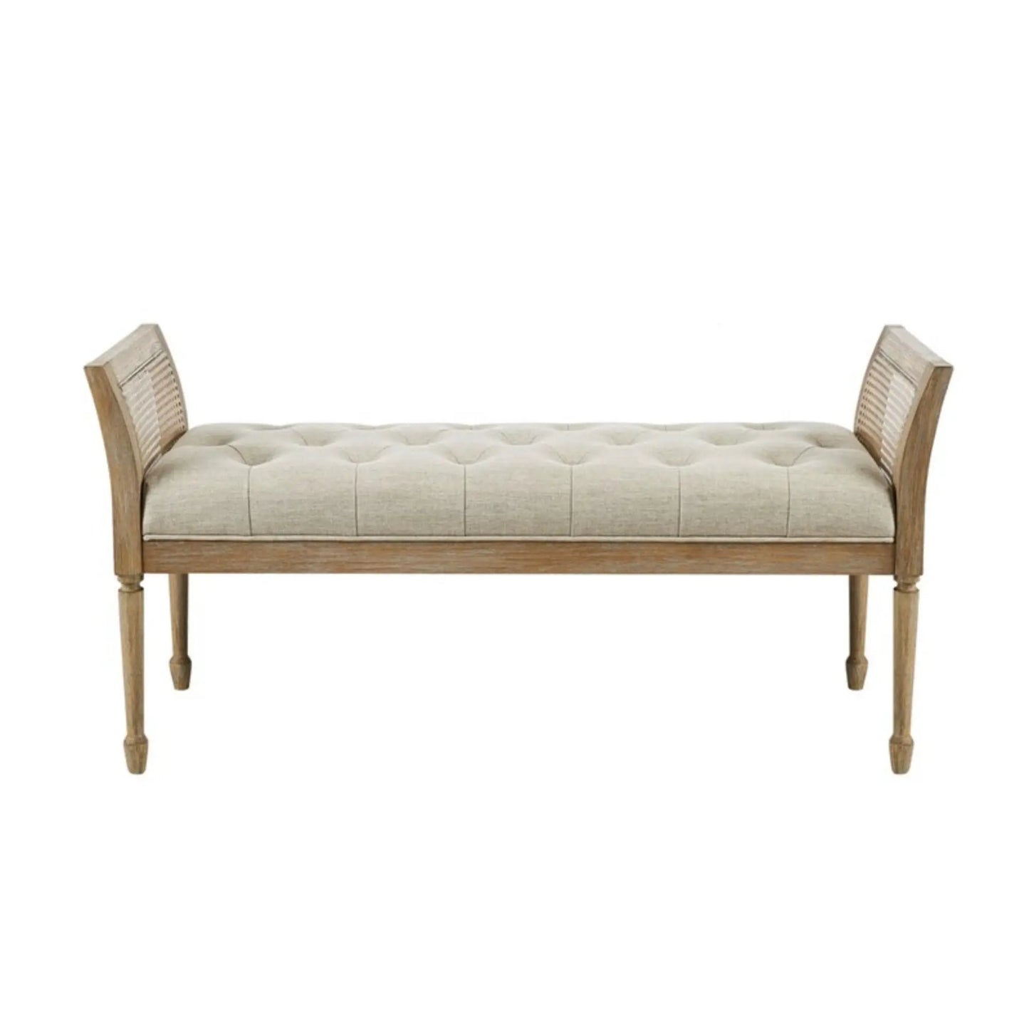 Accent bench with arm in natural beige tufted upholstery on wood frame on Tampa Home & Garden Store