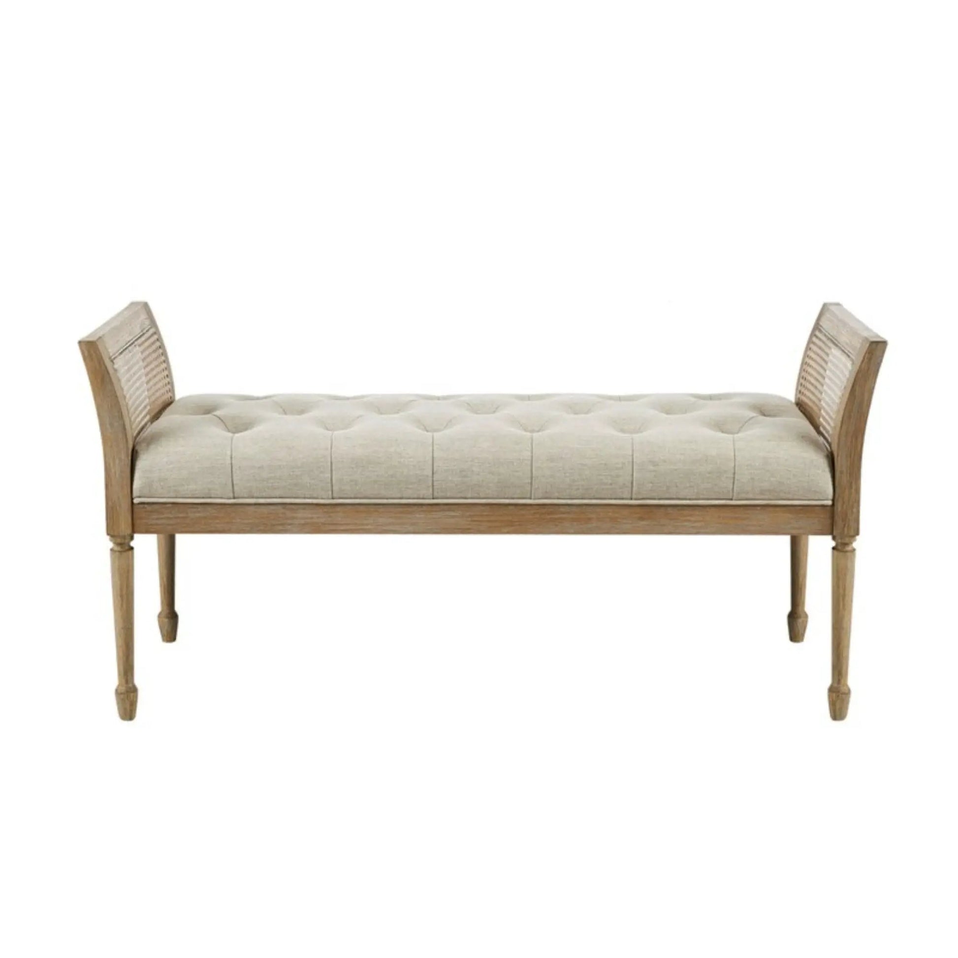 Accent bench with arm in natural beige tufted upholstery on wood frame on Tampa Home & Garden Store