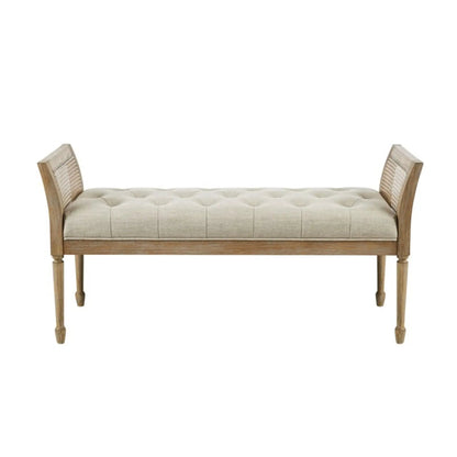 Accent bench with arm in natural beige tufted upholstery on wood frame on Tampa Home & Garden Store