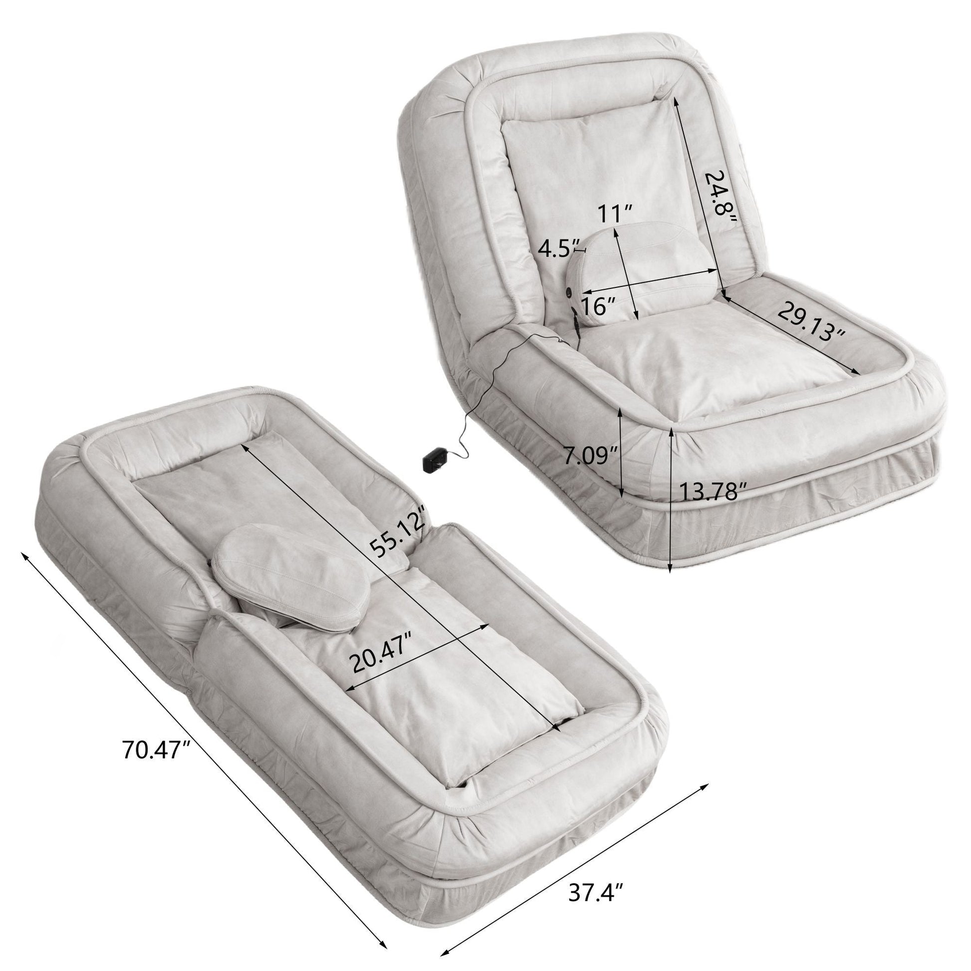 Beige upholstered bean bag floor sofa with massage pillow, HouseOfZazla, 5 positions, 2 pillows on Tampa Home & Garden Store
