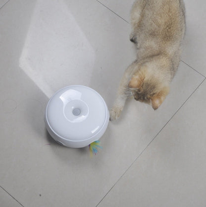 Electric cat toy donut turntable, white round device with rainbow feather wand, cat nearby on Tampa Home & Garden Store