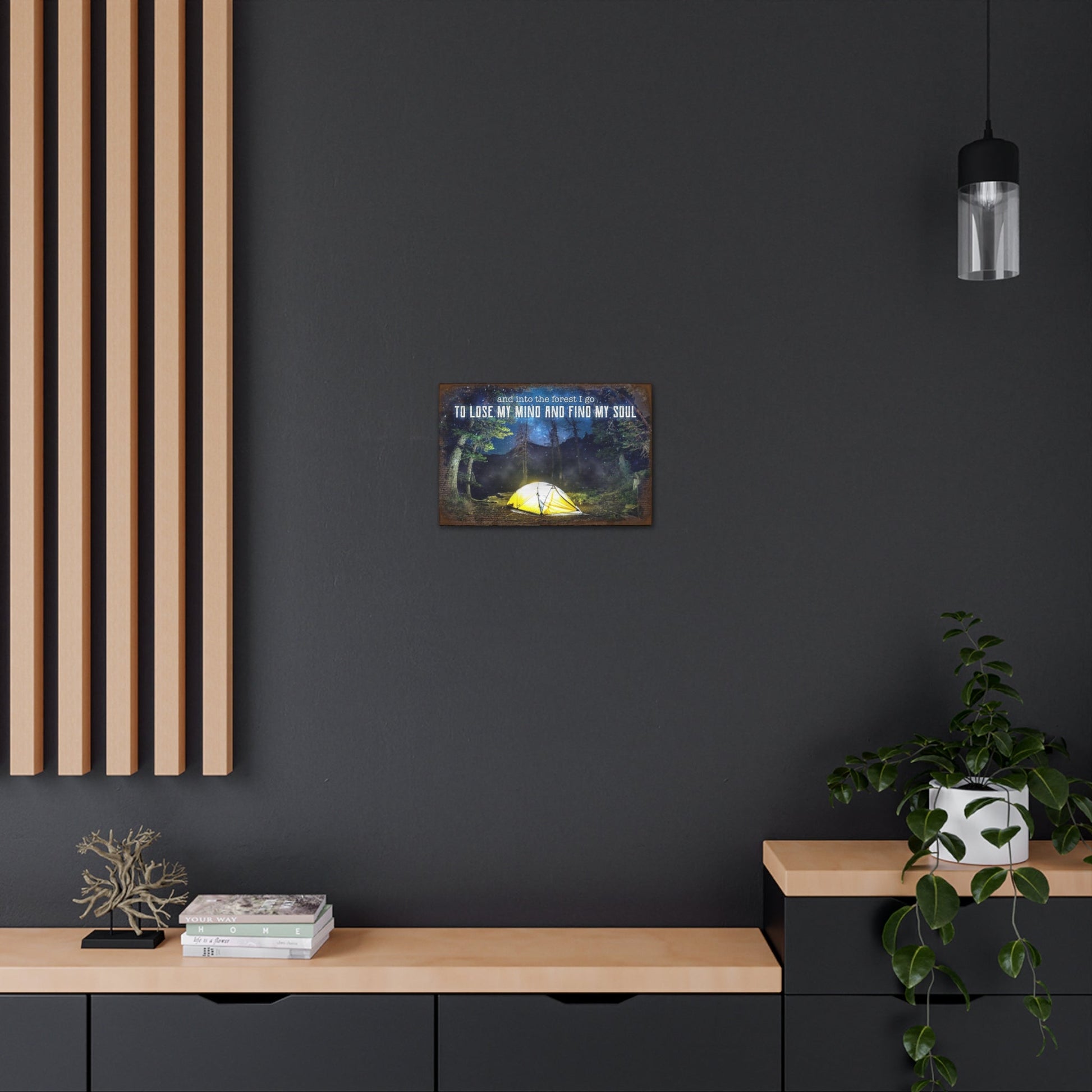 Canvas Gallery Wraps Tailored Canvases wall with forest campsite canvas and glowing tent on Tampa Home & Garden Store