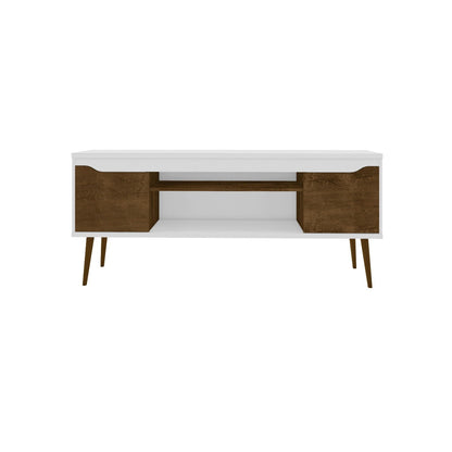 Mid-Century Modern TV Stand by HouseOfZazla white frame with walnut panel doors and splayed legs on Tampa Home & Garden Store