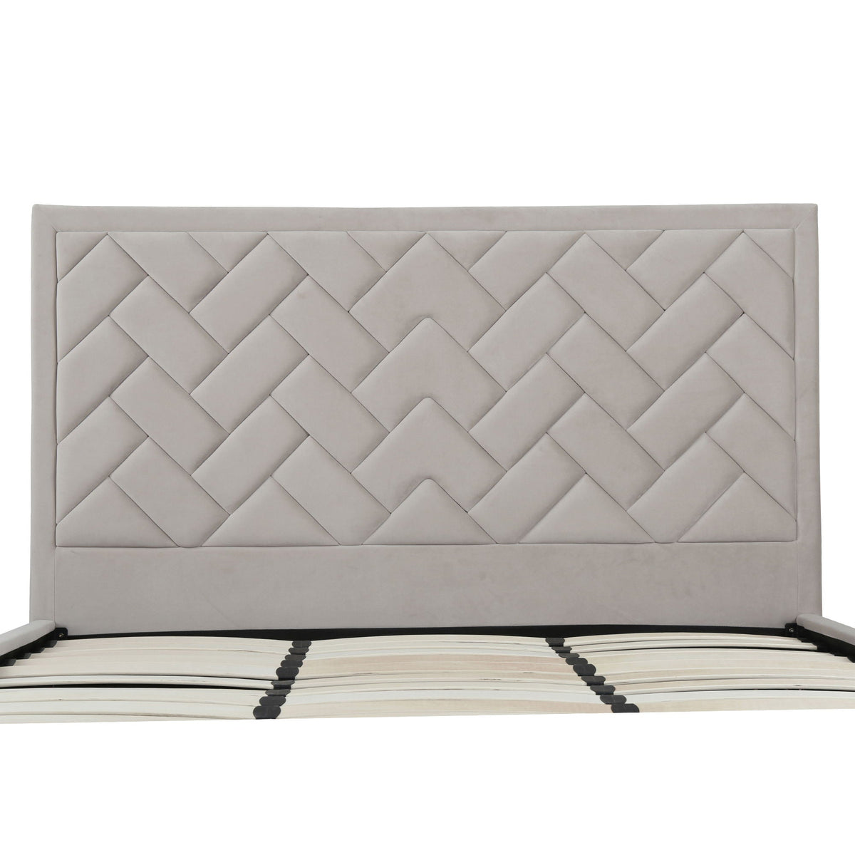 Crosby upholstered bed with diamond-tufted headboard in light gray fabric and slats on Tampa Home & Garden Store