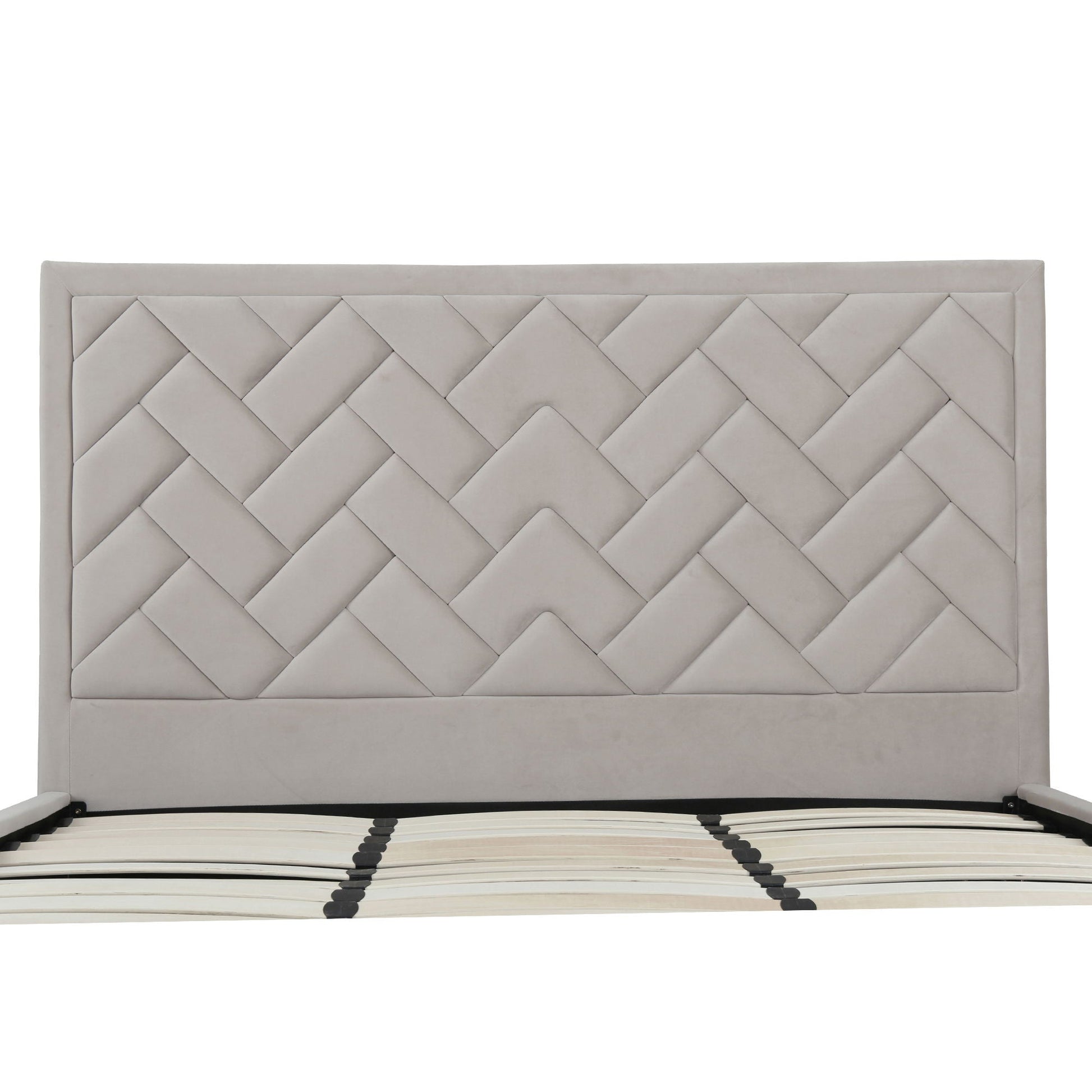 Crosby upholstered bed with diamond-tufted headboard in light gray fabric and slats on Tampa Home & Garden Store