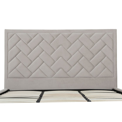 Crosby upholstered bed with diamond-tufted headboard in light gray fabric and slats on Tampa Home & Garden Store
