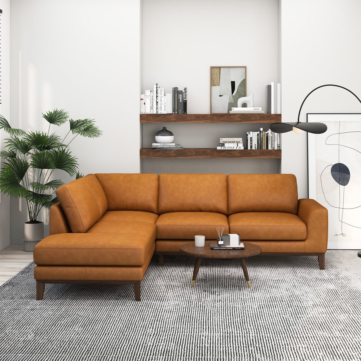 London Leather Sectional Sofa Left Facing by HouseOfZazla, tan leather with wood legs on Tampa Home & Garden Store