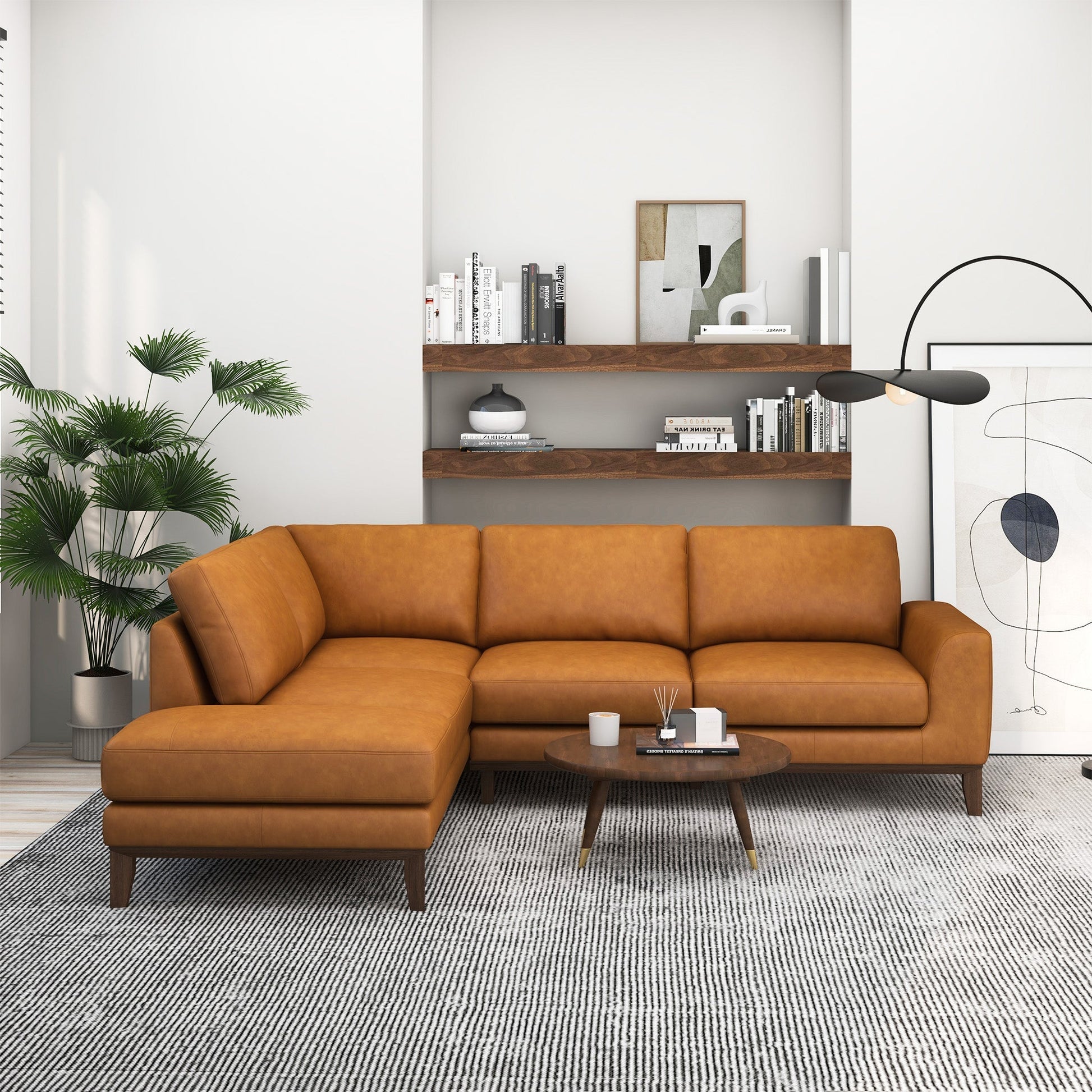 London Leather Sectional Sofa Left Facing by HouseOfZazla, tan leather with wood legs on Tampa Home & Garden Store