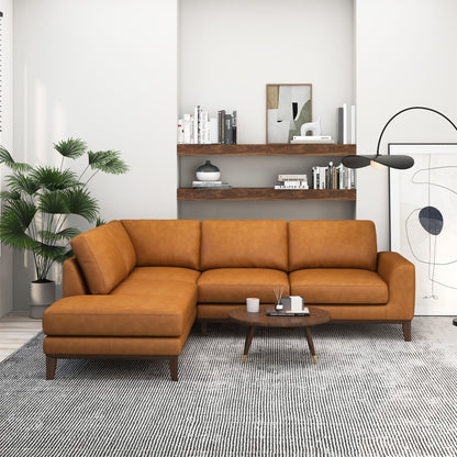 London Leather Sectional Sofa Left Facing by HouseOfZazla, tan leather with wood legs on Tampa Home & Garden Store