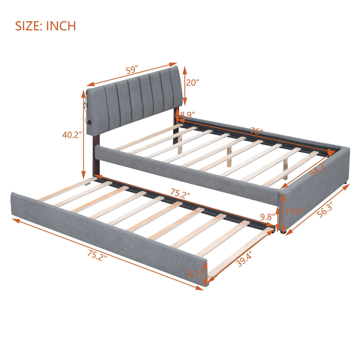 Upholstered platform bed with trundle, gray fabric headboard and wood slat base, HouseOfZazla on Tampa Home & Garden Store