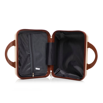 Two-piece beige ABS spinner luggage set opened to reveal interior compartments and zip mesh pockets on Tampa Home & Garden Store