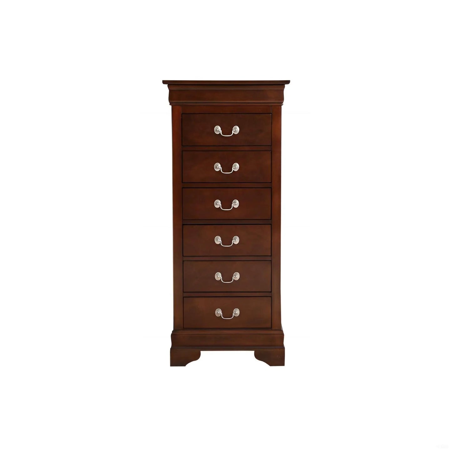 Traditional style lingerie chest in dark cherry wood with silver drawer pulls on Tampa Home & Garden Store