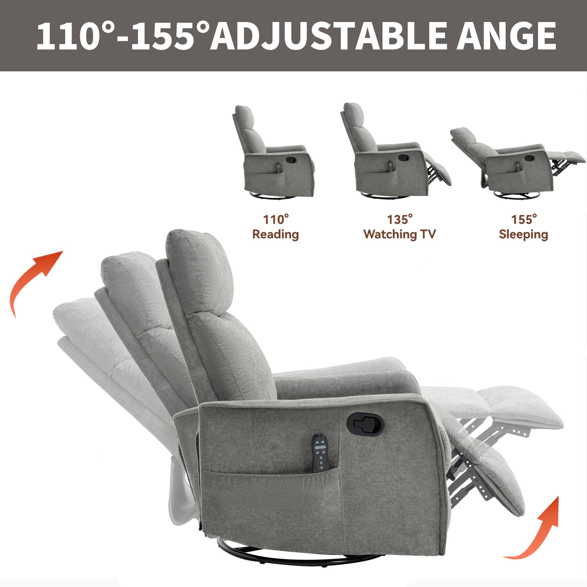 Heat Massage Manual Recliner Chair with Rocker and Swivel, gray fabric, remote pocket on Tampa Home & Garden Store