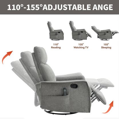 Heat Massage Manual Recliner Chair with Rocker and Swivel, gray fabric, remote pocket on Tampa Home & Garden Store
