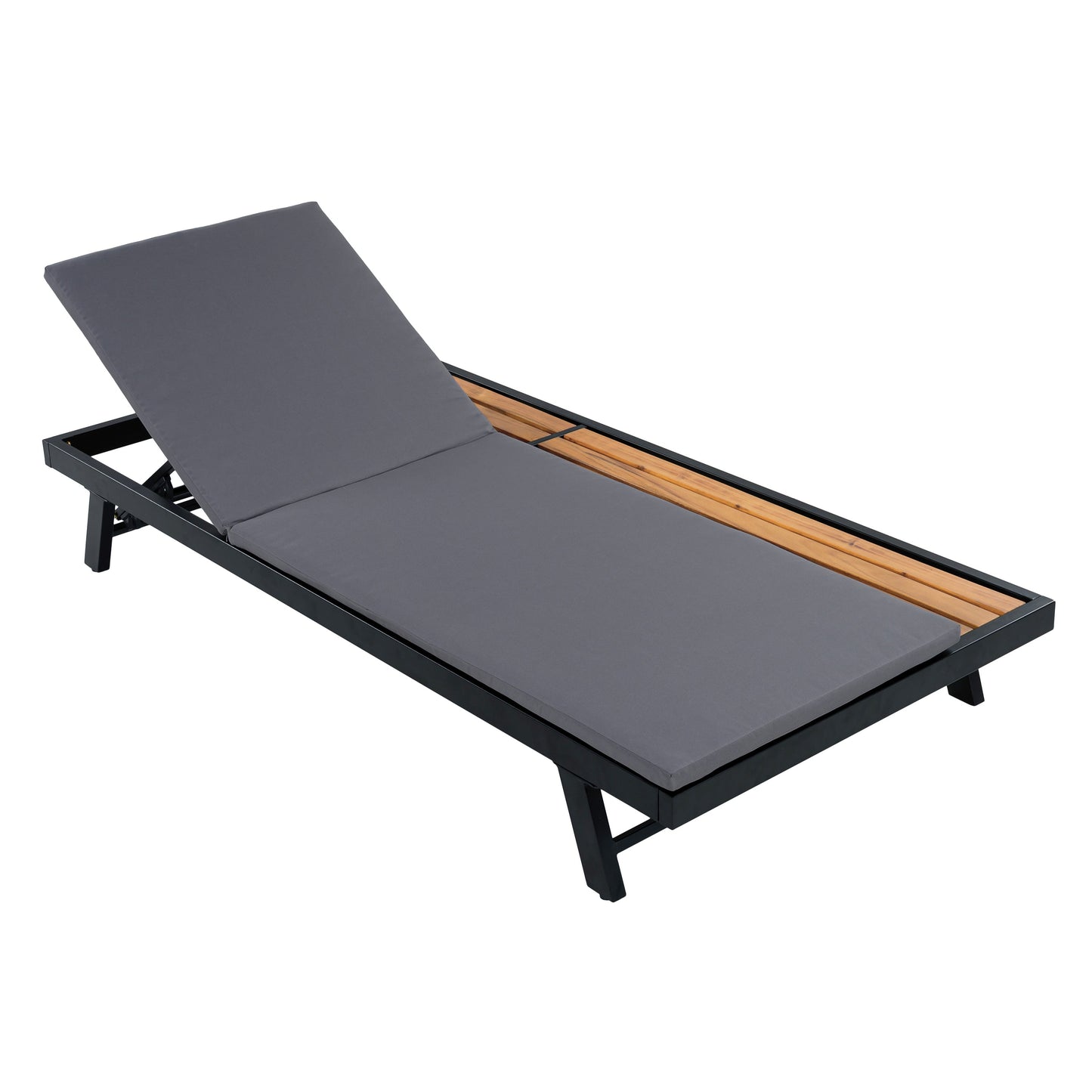 Black Iron and Teak Outdoor Chaise Lounge Set