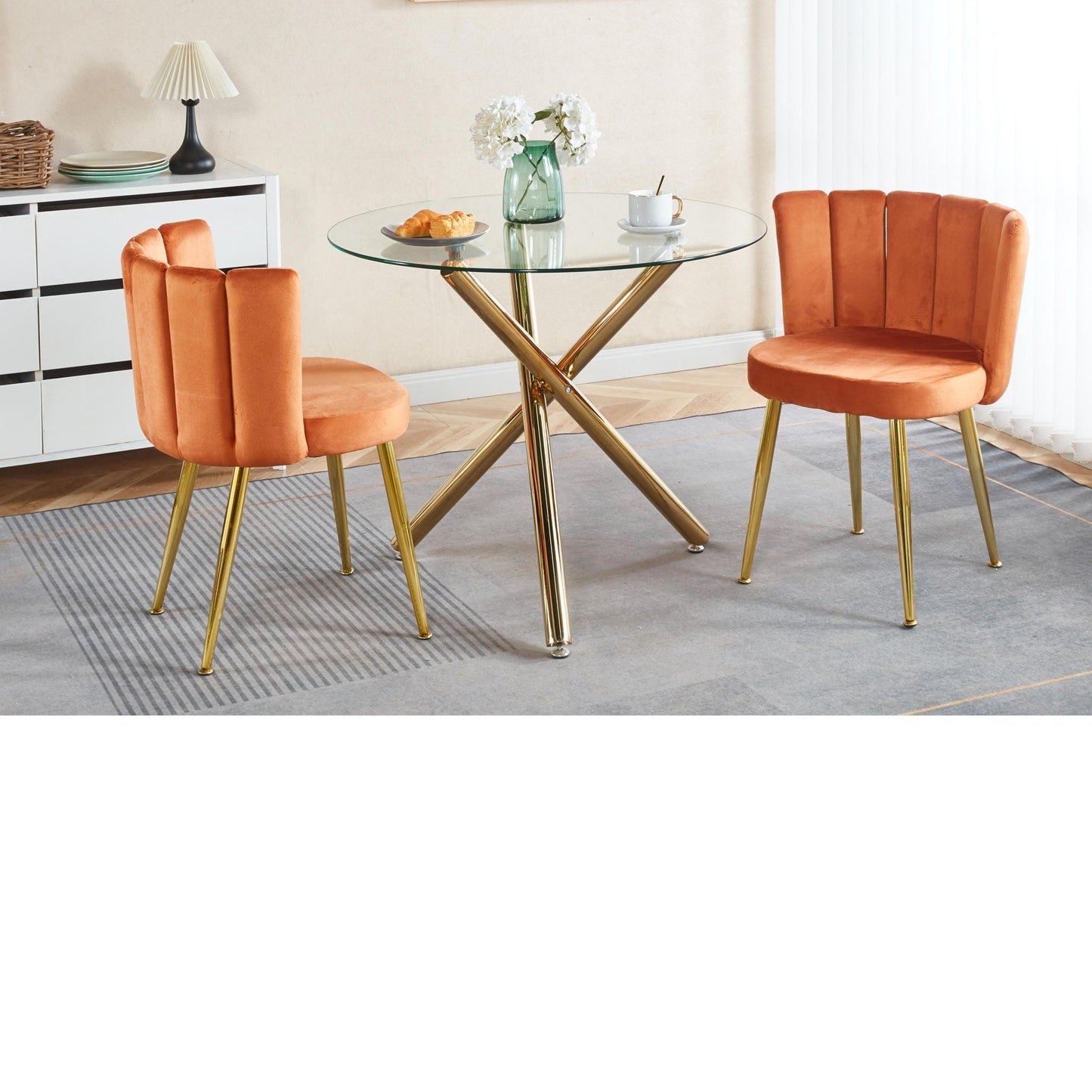 Ergonomic dining chair set of 2 orange velvet chairs with gold legs on Tampa Home & Garden Store