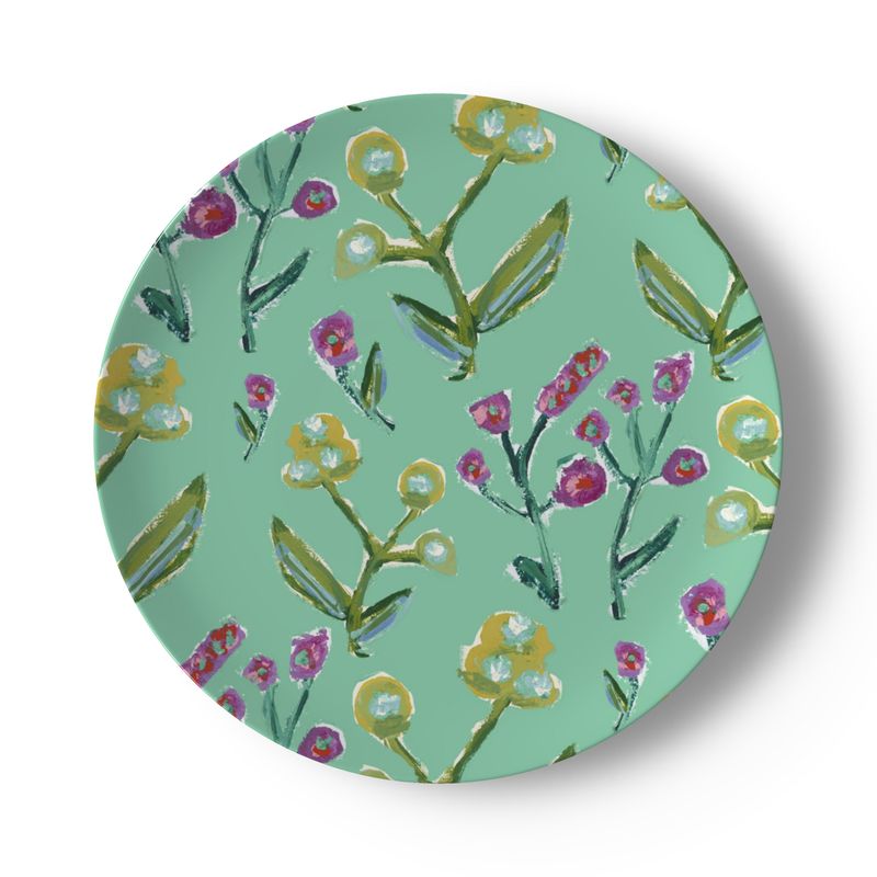 Honeysuckle china plates by Erin Donahue Tice, mint green with floral stems on ceramic on Tampa Home & Garden Store
